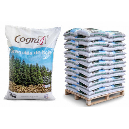 Pallet di 70 sacchi COGRA da 15 kg, ovvero 1,050 tonnellate di pellet di legno DIN +, ritiro FR30